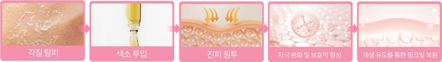 각질 탈피 → 색소 투입 → 진피 침투 → 자극 완화 및 보호막 형성 → 재생 유도를 통한 핑크빛 복원